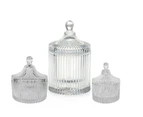 Set of 3 Mini crystal ribbed patterned glass storage trinket jewellery jars - clear