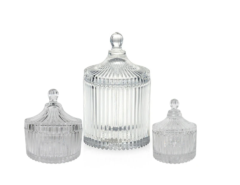 Set of 3 Mini crystal ribbed patterned glass storage trinket jewellery jars - clear