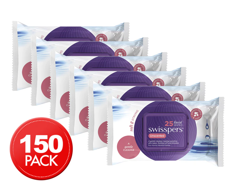 6 x Swisspers Facial Wipes Unscented 25 Pack