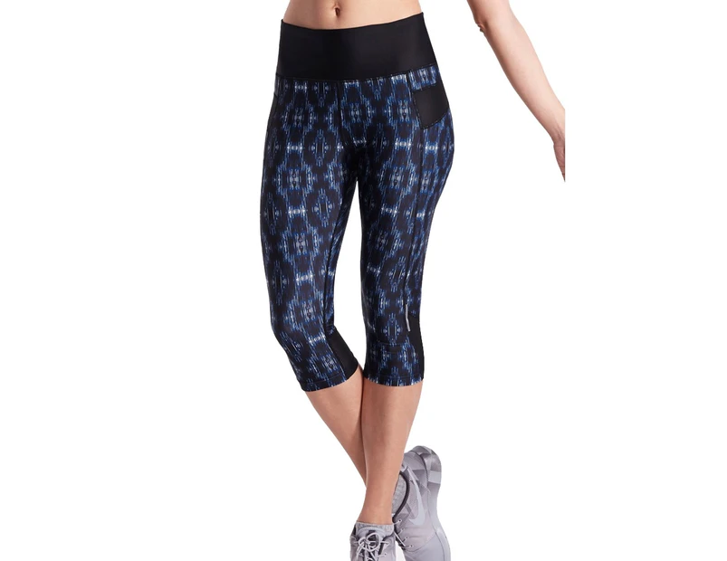 LaSculpte Women’s Tummy Control Slimming Fitness Athletic Workout  High Waist Capri Yoga Legging with Zip Pocket - Blue Print