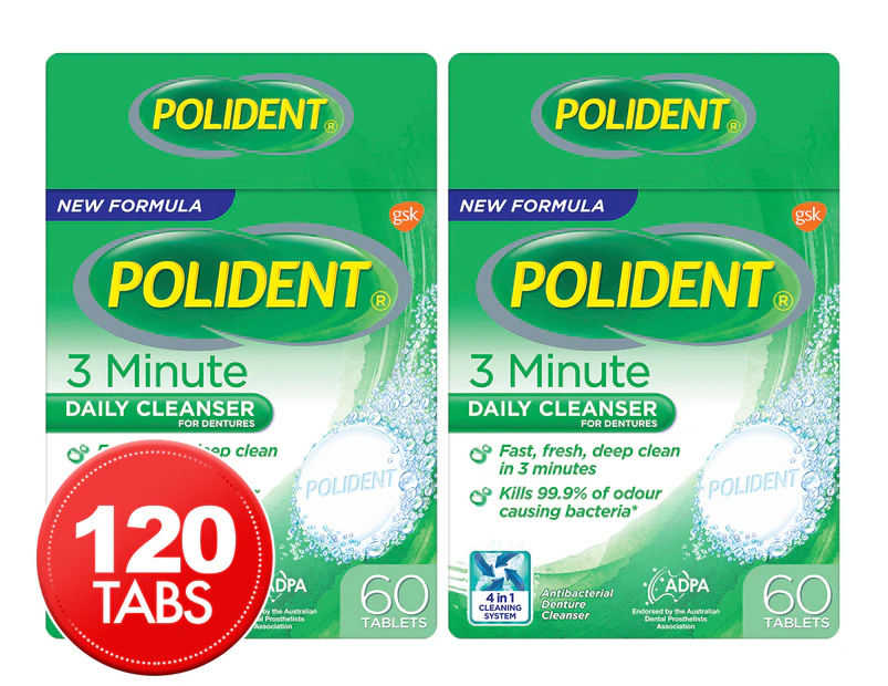 2 x Polident 3 Minute Antibacterial Denture Cleanser 60-Tablets