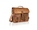 Woodland Leather Tan Vintage Satchel Briefcase Double Pockets 14.5" Top Handle Adjustable Strap