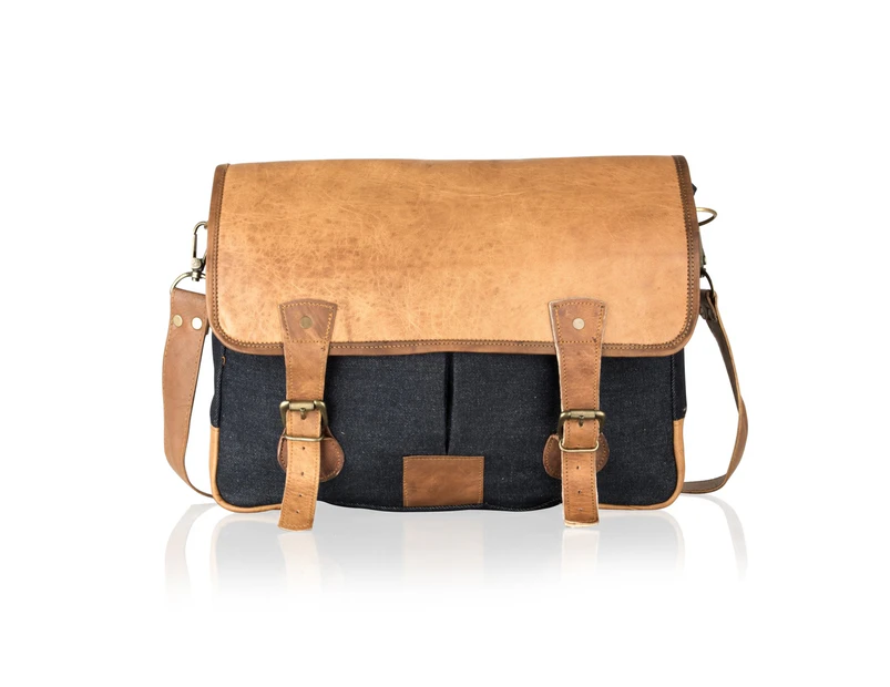 Woodland Leather Denim Tan Vintage Leather Mix 16" Satchel Front Messenger Bag Adjustable Shoulder Strap