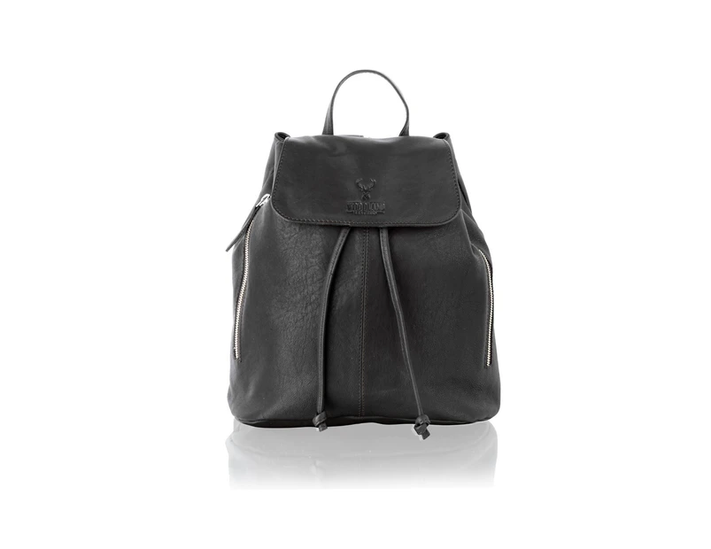 Woodland Leather Black Medium Size Ruck Sack 12.0" Zip Around Top Carry Handle Adjustable Straps