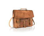 Woodland Leather Vintage Tan Satchel Briefcase Single Front Pocket 15" Top Handle Adjustable Strap