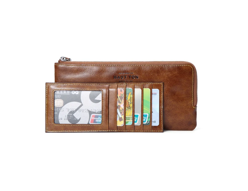 Hautton Leather Tan Clutch Style Wallet 8.5" Central Zip Compartment Carry Handle