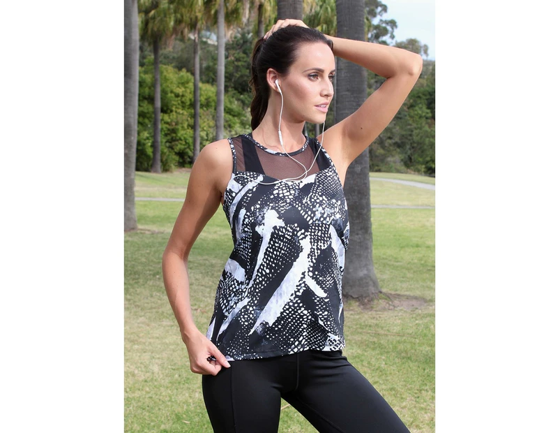 LaSculpte Women's Fitness Athletic Workout Running Training Sports Loose Fit Vest Yoga Mesh Empire Tank Top - Black/Grey Print