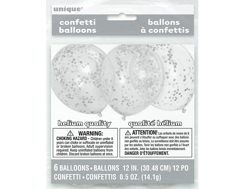Balloons W/Confetti Round 12" 6/Pkg-Clear W/Silver Confetti