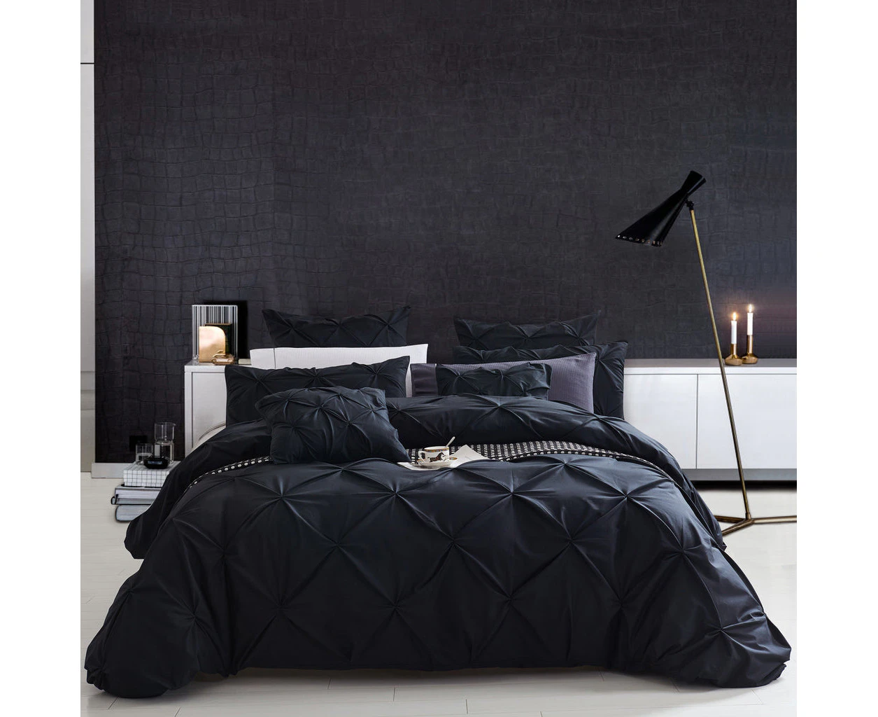 100% Cotton Black Diamond Pinch Pleated Pintuck Doona Quilt Cover Set