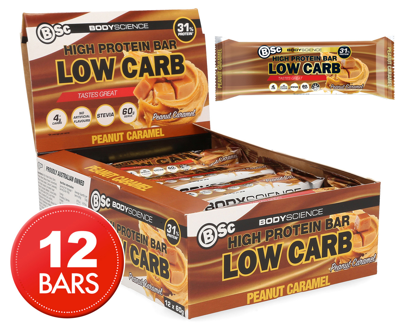 12 x BSC High Protein Low Carb Bar Peanut Caramel 60g | Catch.com.au