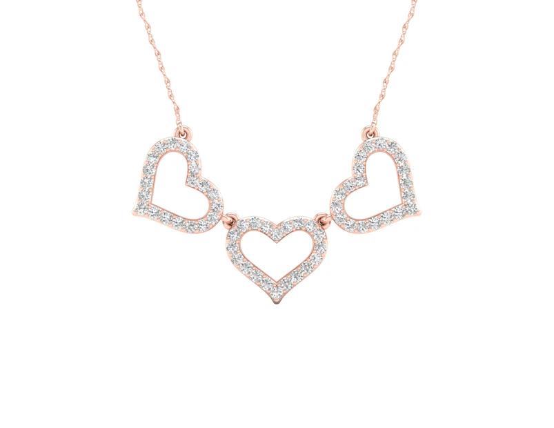 De Couer 9KT Rose Gold Diamond Three Heart Pendant Necklace (1/6CT TDW, H-I Color, I2 Clarity)