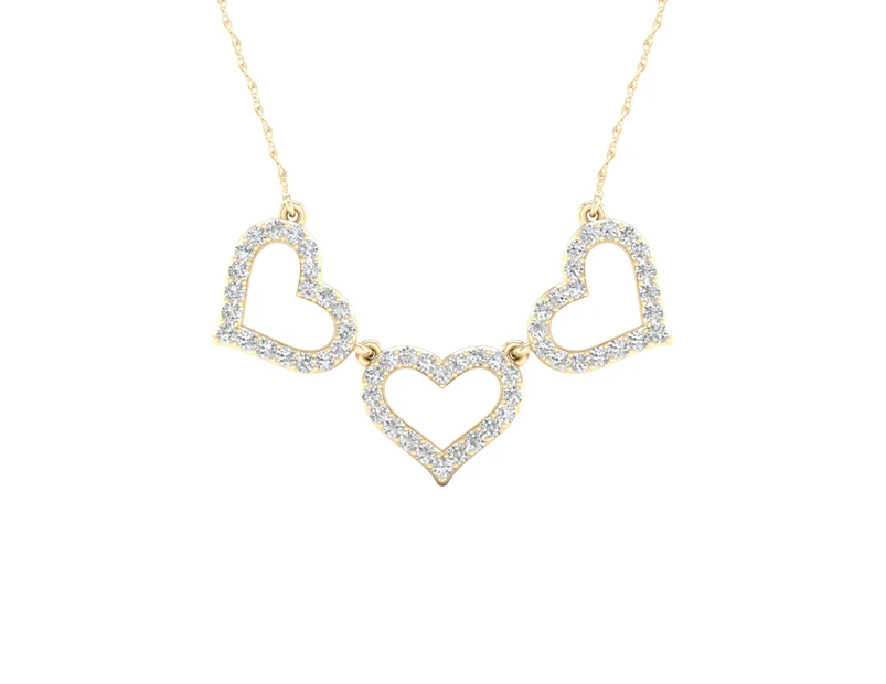 De Couer 9KT Yellow Gold Diamond Three Heart Pendant Necklace (1/6CT TDW, H-I Color, I2 Clarity)