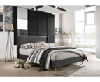 Designer Wingback Upholstered Fabric Bed Frame Double Queen King - Charcoal