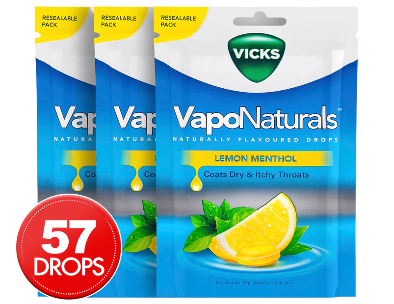 3 x Vicks Vaponaturals Flavoured Drops Lemon Menthol 19pk