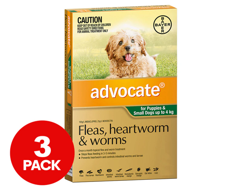 Advocate Fleas, Heartworm & Worms Treatment For Puppies & Small Dogs 0-4kg 3pk