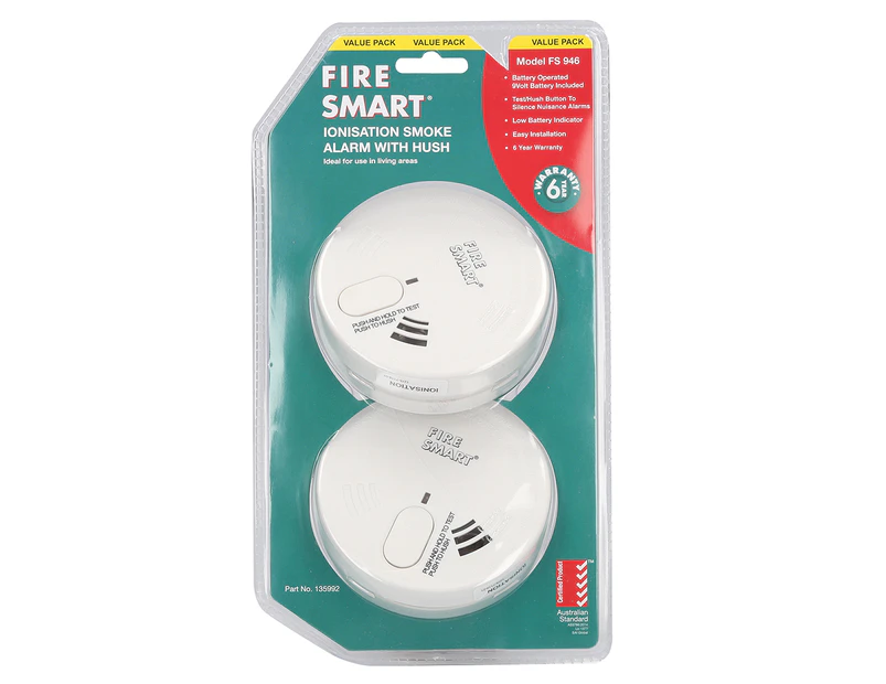Fire Smart Ionisation Smoke Alarm w/ Hush Twin Pack 