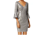 Adrianna Papell Silver Women's 18W Plus Sequin Bell-Sleeve Dress