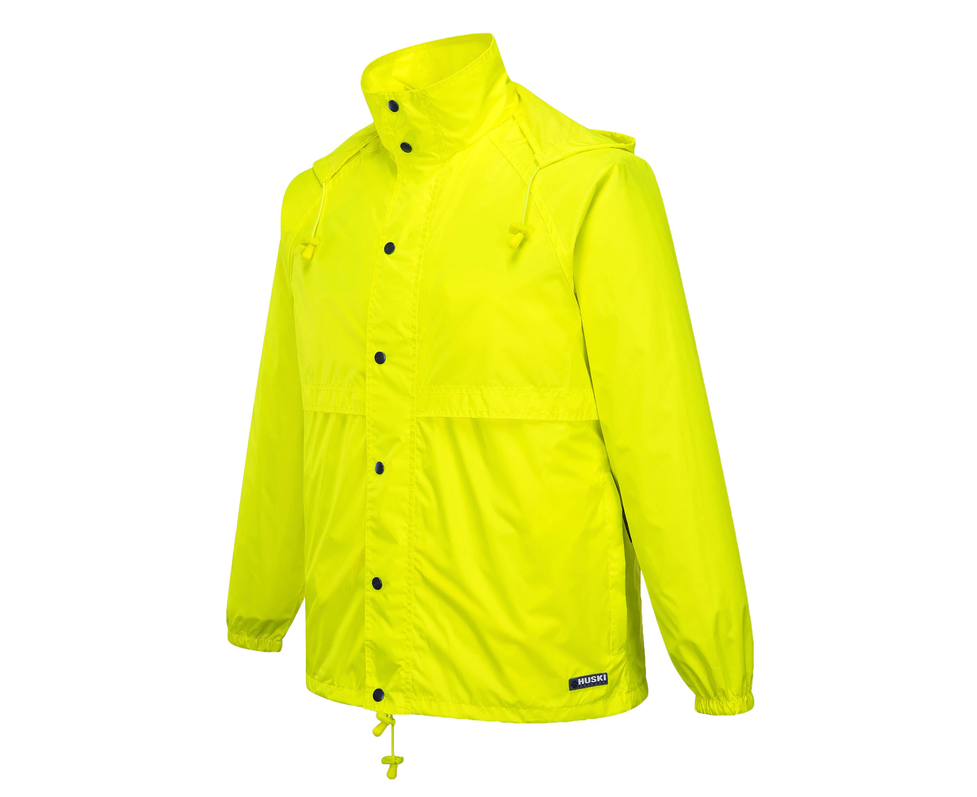 HUSKI STRATUS RAIN JACKET Waterproof Workwear Concealed Hood Windproof Packable - Yellow Fluro