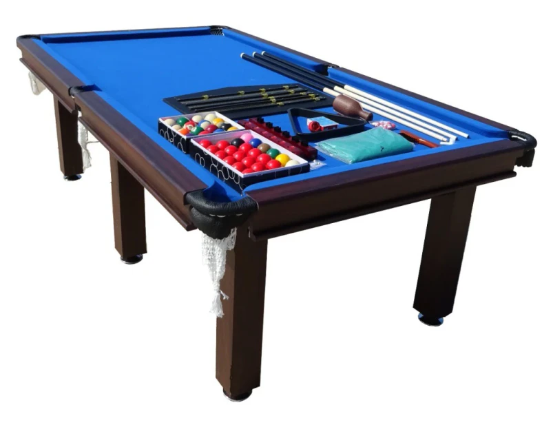 PUB SIZE POOL TABLE 8FT SNOOKER BILLIARD TABLE BLUE WITH 6 LEGS & LEATHER POCKETS