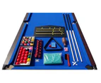 PUB SIZE POOL TABLE 8FT SNOOKER BILLIARD TABLE BLUE WITH 6 LEGS & LEATHER POCKETS