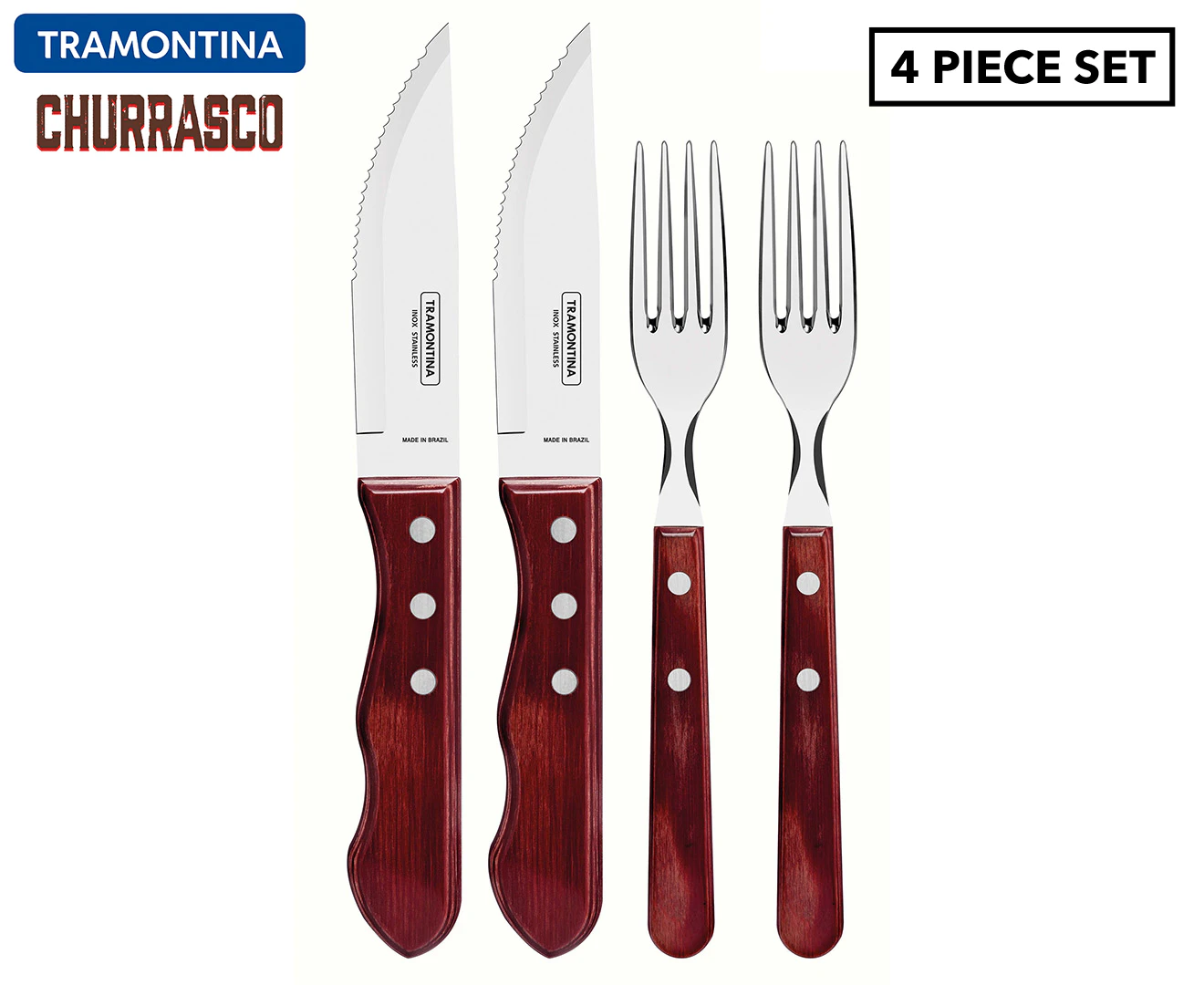 4pc Tramontina Jumbo Steak Red Polywood Knife & Fork Set BBQ Cutlery Utensils