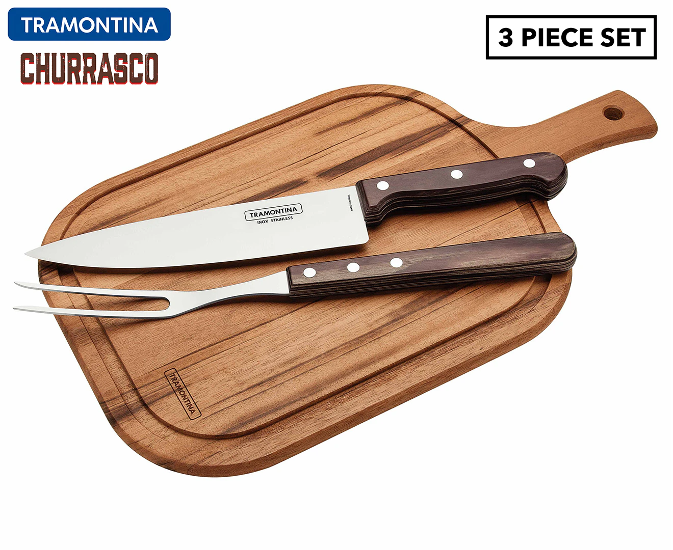 3pc Tramontina Churrasco Polywood Cutting Board/Fork/Knife Barbecue Set Cutlery