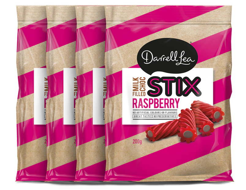 4 x Darrell Lea STIX Raspberry Milk Chocolate Filled 200g