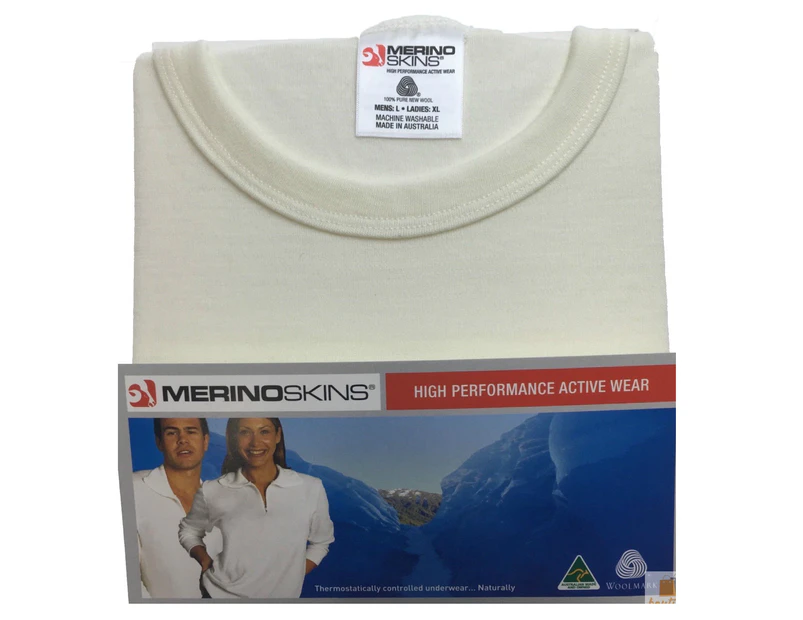 Merino Skins Men's Crew Neck Short Sleeve T-Shirt Top Thermals - Natural