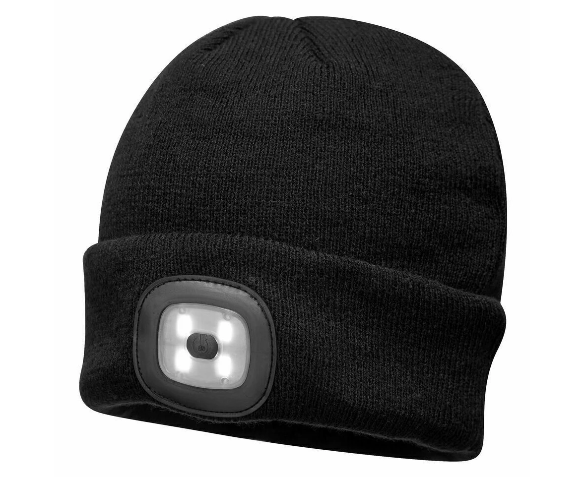 PORTWEST Beanie with LED Head Light USB Rechargeable Camping Cycling Workwear Hat - Black