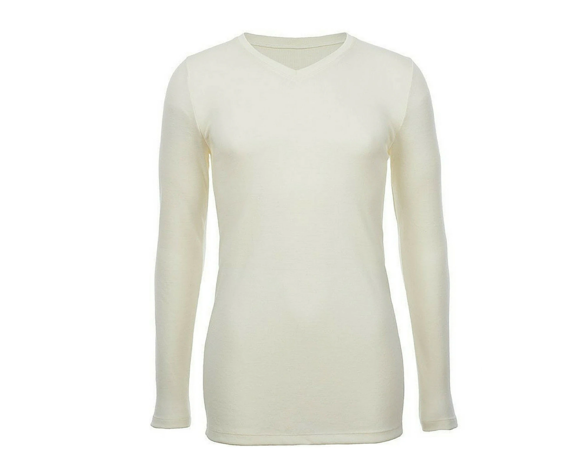 Mens 100% Pure Merino Wool V-Neck Long Sleeve Top T Shirt Thermal Underwear - Natural