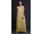 Bimba Floral Leaves & Oleander Printed Long Maxi Dress For Women Rayon Nightgown Spaghetti Strap Ladies Sleepwear - Medium Yellow