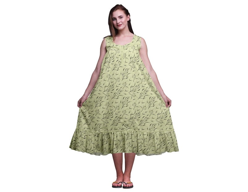 Bimba Leaves Blueberry  Cotton Nightgowns For Women  Mid-Calf Printed Sleepwear Night Dress - Greenish Beige
