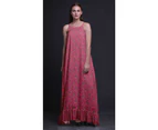 Bimba Bird Leaves & Flycather Womens Sleepwear Long Nightgown Printed Spaghetti Strap Ladies Nightwear - Pink