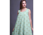 Bimba Floral Leaves & Anemone  Cotton Nightgowns For Women  Mid-Calf Printed Sleepwear Night Dress - Pastel Mint
