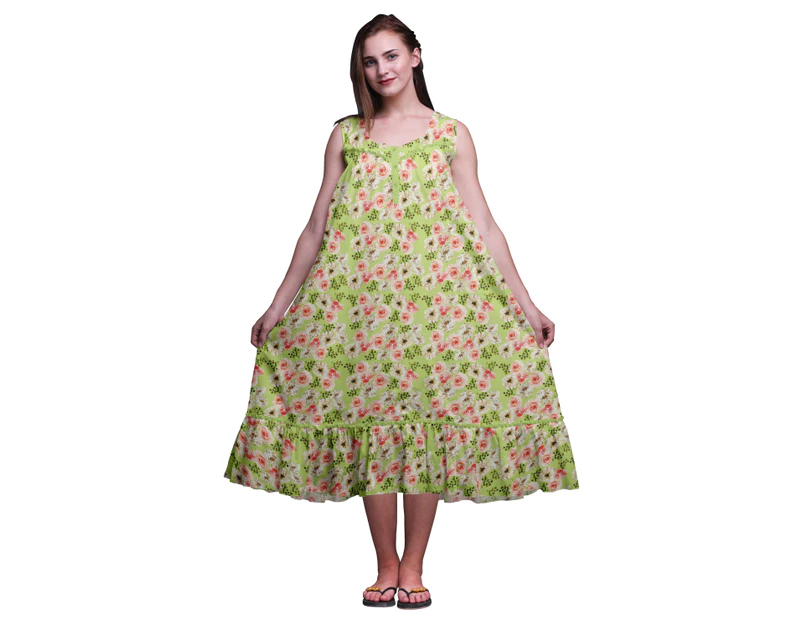 Bimba Floral Ranunculus With Bunch  Cotton Nightgowns For Women  Mid-Calf Printed Sleepwear Night Dress - Light Green