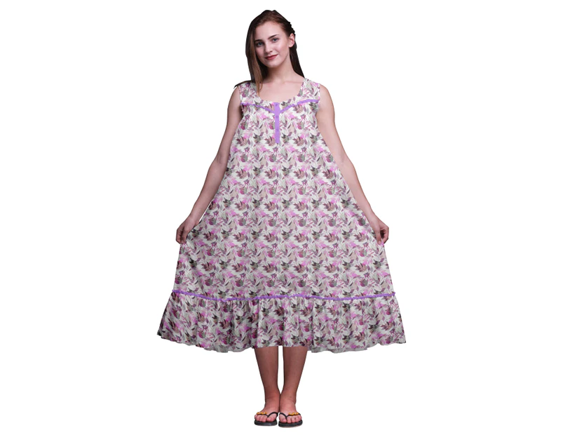 Bimba Leaves Leaves  Sleeveless Cotton Nightgowns For Women Printed Mid-Calf Length Sleepwear - Amethyst