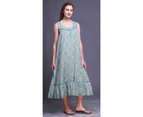 Bimba Floral Leaves & Damask  Mid Calf Nightwear Ladies Cotton Printed Sleeveless Night Gown Maxi Dress - Baby Blue