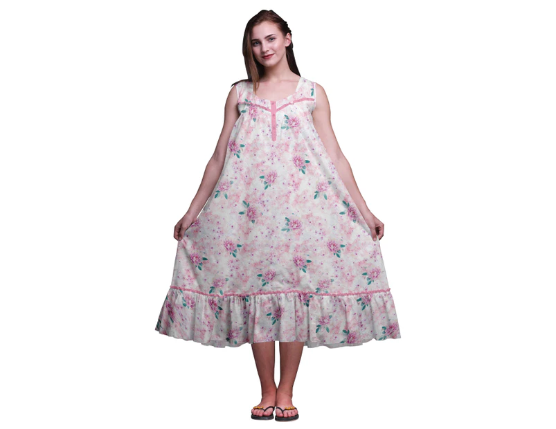 Bimba Flower Leaves,Blossom & Peony  Cotton Nightgowns For Women  Mid-Calf Printed Sleepwear Night Dress - Light Pink
