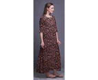 Bimba Floral Leaves & Madhabilata  Printed Nightgowns Maxi Sleepwear For Women Long Sleep Dress - Black