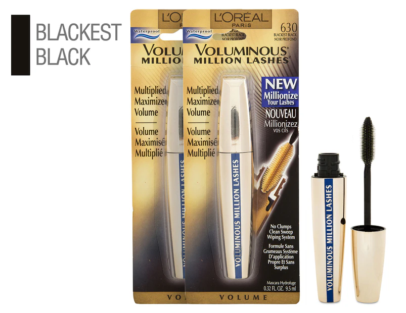 2 x L'Oréal Voluminous Million Lashes Waterproof Mascara 9.5mL - Blackest Black