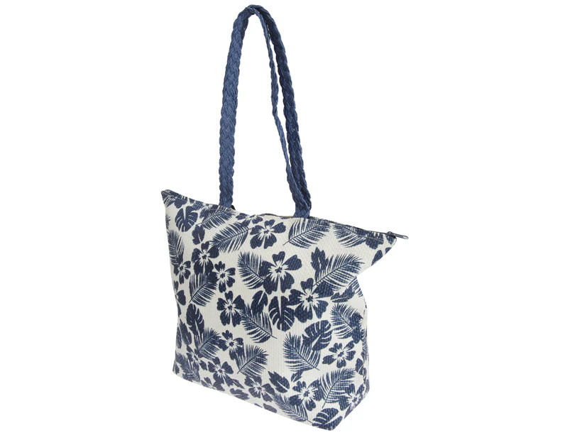 FLOSO Womens Floral Leaf Pattern Straw Woven Summer Handbag (White/Navy) - BAG205