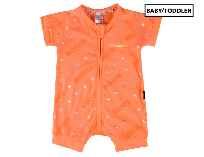 Bonds Baby Short Sleeves Zip Romper Wondersuit - Bonds Silver Star Orange