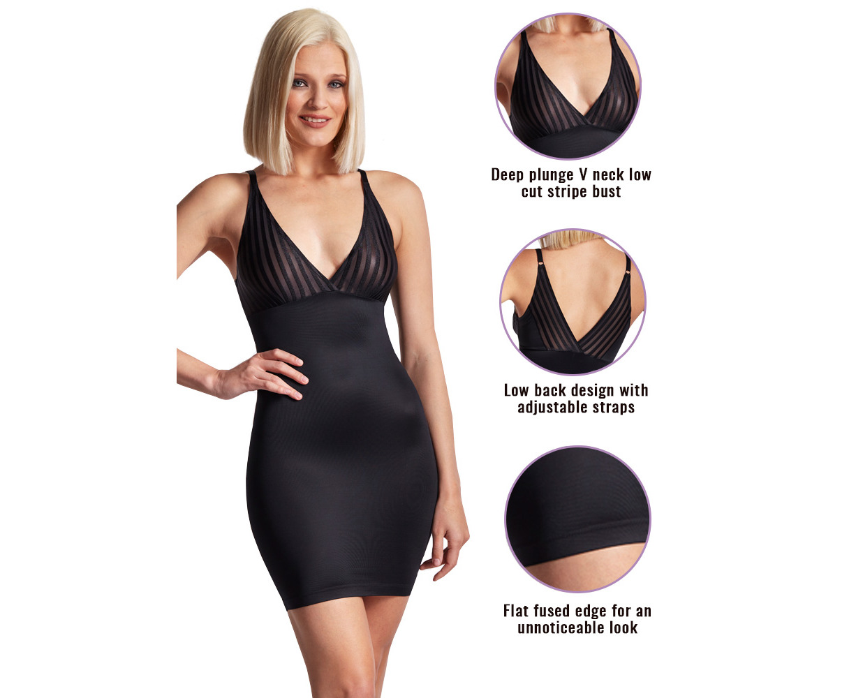 LaSculpte Women's Plunge V Neck Open Bust Tummy Control Under Dresses  Shapewear Full Slip With Multiway Straps - Black