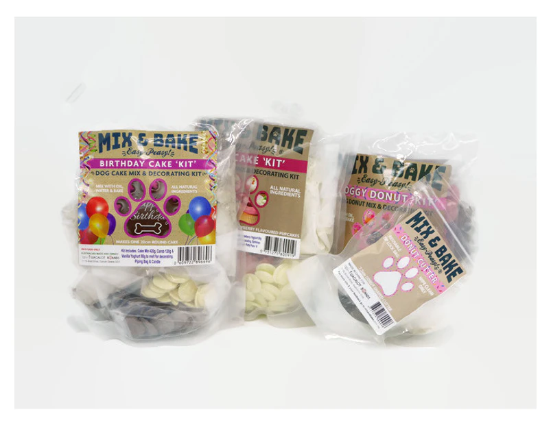 Mix & Bake Kit Bundle - 1 Doggy Birthday Cake Kit, 1 Pupcake Kit, 1 Doggy Donut Kit and A Donut Cutter.
