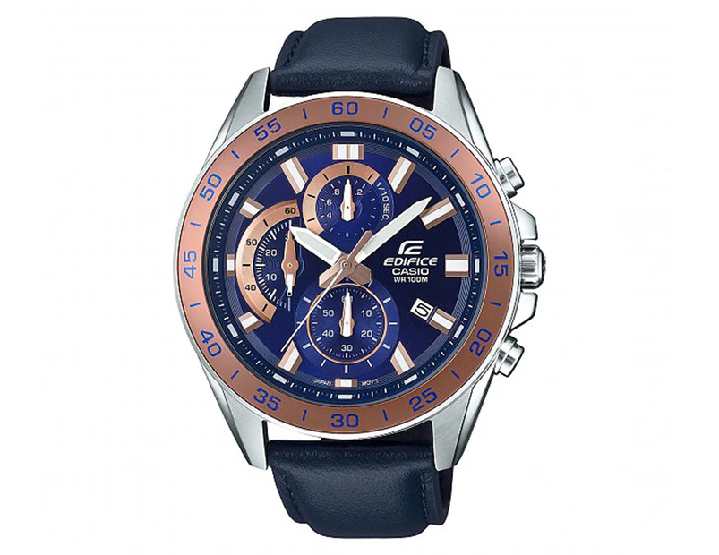 Casio Edifice Men's 47mm EFV550L-2A Leather Watch - Blue/Bronze