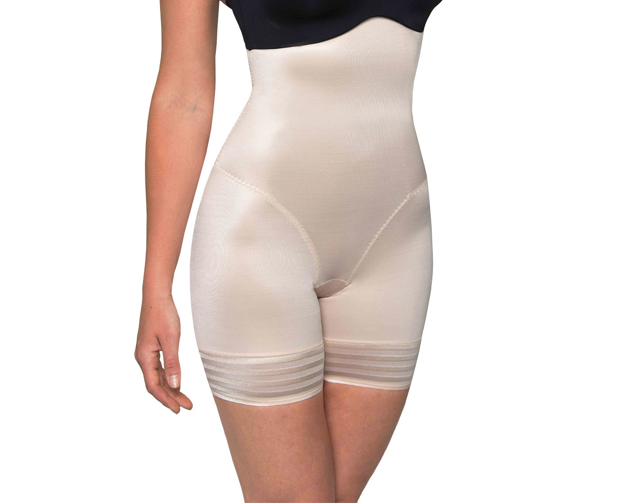 LaSculpte Women's Shapewear Tummy Control High Waist Firm Control Mid Thigh  Shaping Short with Stripe Mesh - Nude