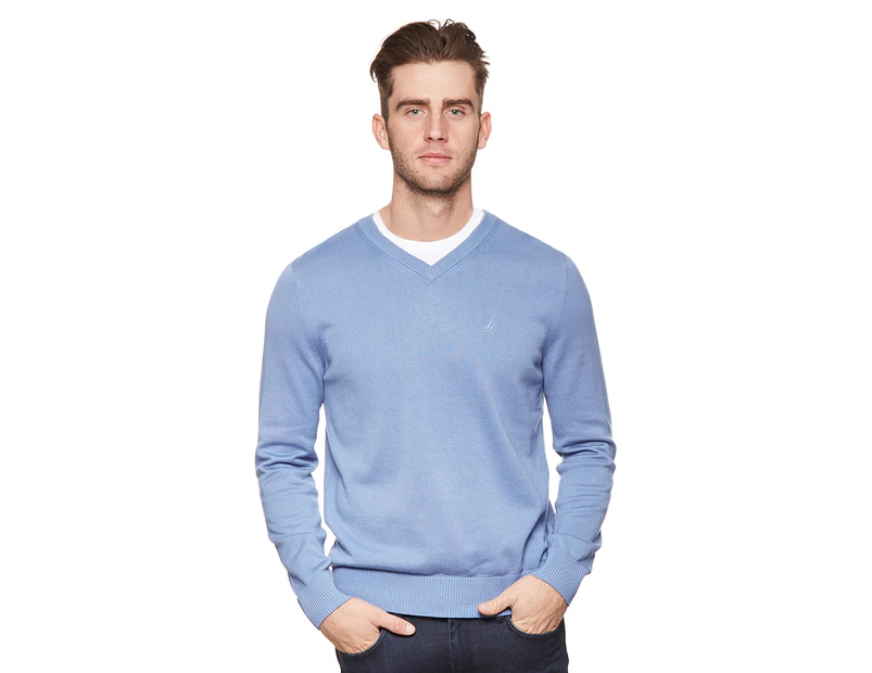 Nautica Men's Solid V-Neck Sweater - Riviera Blue