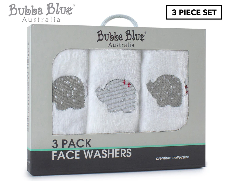 Bubba Blue Petit Elephant Face Washers 3-Pack - White/Grey