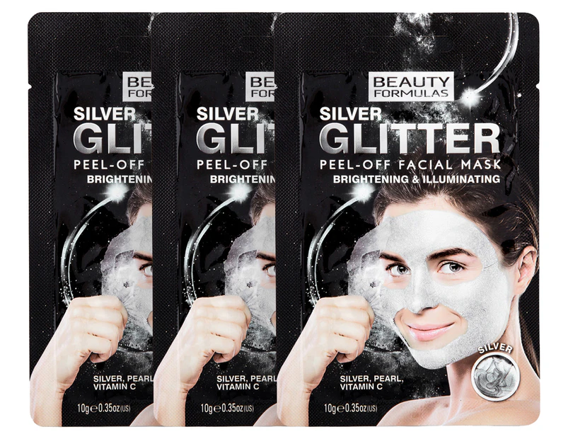 3 x Beauty Formulas Silver Glitter Peel-Off Facial Mask 10g