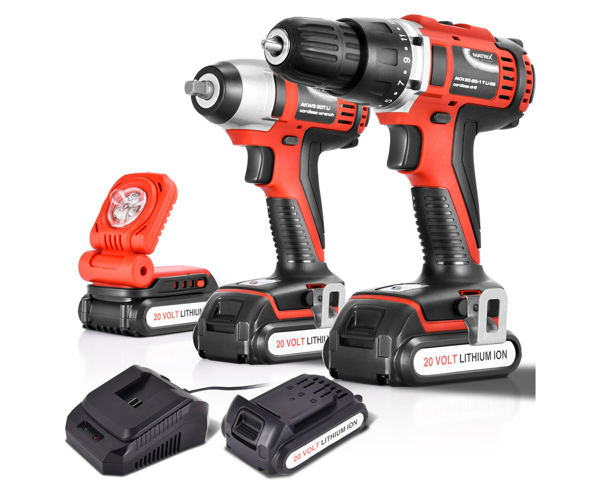 Matrix Power Tools 20V Cordless Brushed Drill + Impact Wrench + Work Light Combo Kit